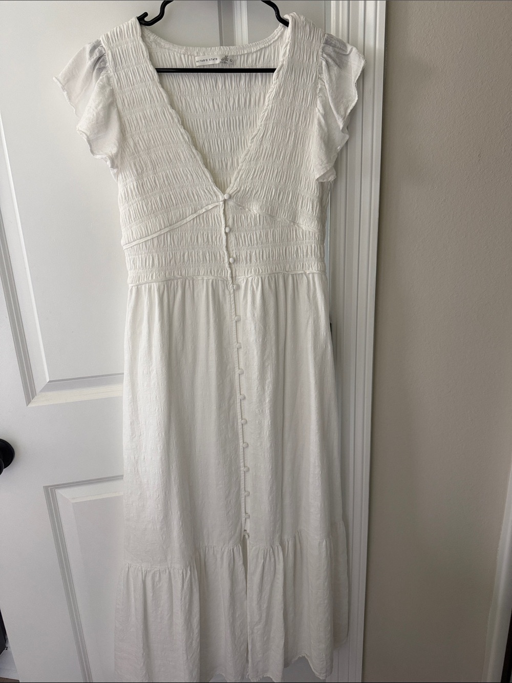 Altar'd State White Smocked V-Neck Button-Front Midi Dress